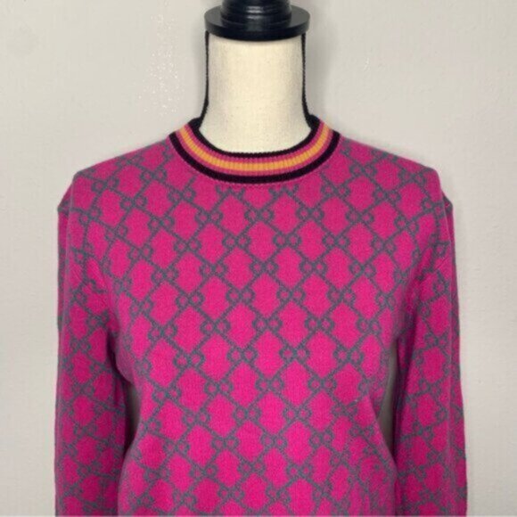 Vibrant Pink Geometric Pattern Sweater with Green Accents and Striped Trim - Picture 5 of 11